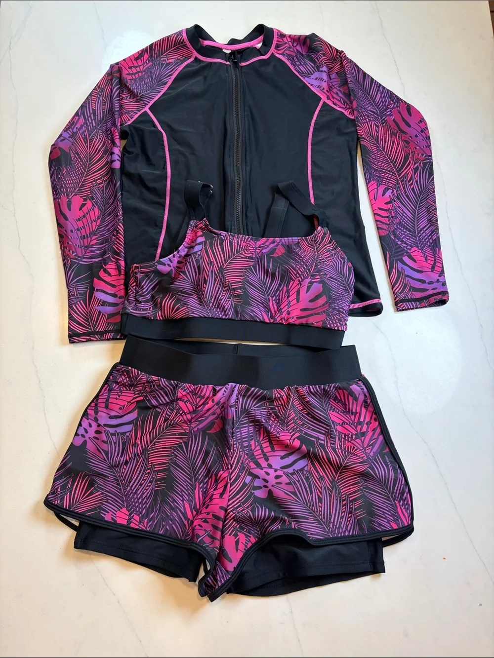 Tropical Print 3-Piece Swim Set - Rash Guard, sports bra & Shorts